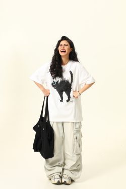 Vintage American Street Cat Short Sleeve T-Shirt for Men and Women, Loose Fit, Niche Design, Versatile Couple Style