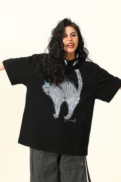 Vintage American Street Cat Short Sleeve T-Shirt for Men and Women, Loose Fit, Niche Design, Versatile Couple Style