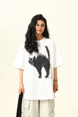 Vintage American Street Cat Short Sleeve T-Shirt for Men and Women, Loose Fit, Niche Design, Versatile Couple Style