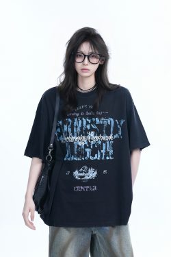 Vintage American-Style Distressed Loose Fit Short-Sleeve T-Shirt for Women with Mottled Print - Y2K Fashion Essential