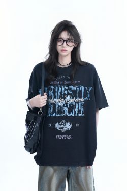 Vintage American-Style Distressed Loose Fit Short-Sleeve T-Shirt for Women with Mottled Print - Y2K Fashion Essential