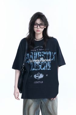 Vintage American-Style Distressed Loose Fit Short-Sleeve T-Shirt for Women with Mottled Print - Y2K Fashion Essential