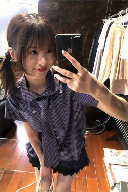 Vintage American Style Doll Collar Short Sleeve Checkered Shirt for Women - Slim Fit Summer Patchwork Pleats Fashion Top