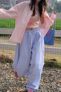 Vintage American-Style Loose-Fitting Wide-Leg Work Pants for Women, Striped Casual Sports Pants with Elastic Waist and Slimming Drape