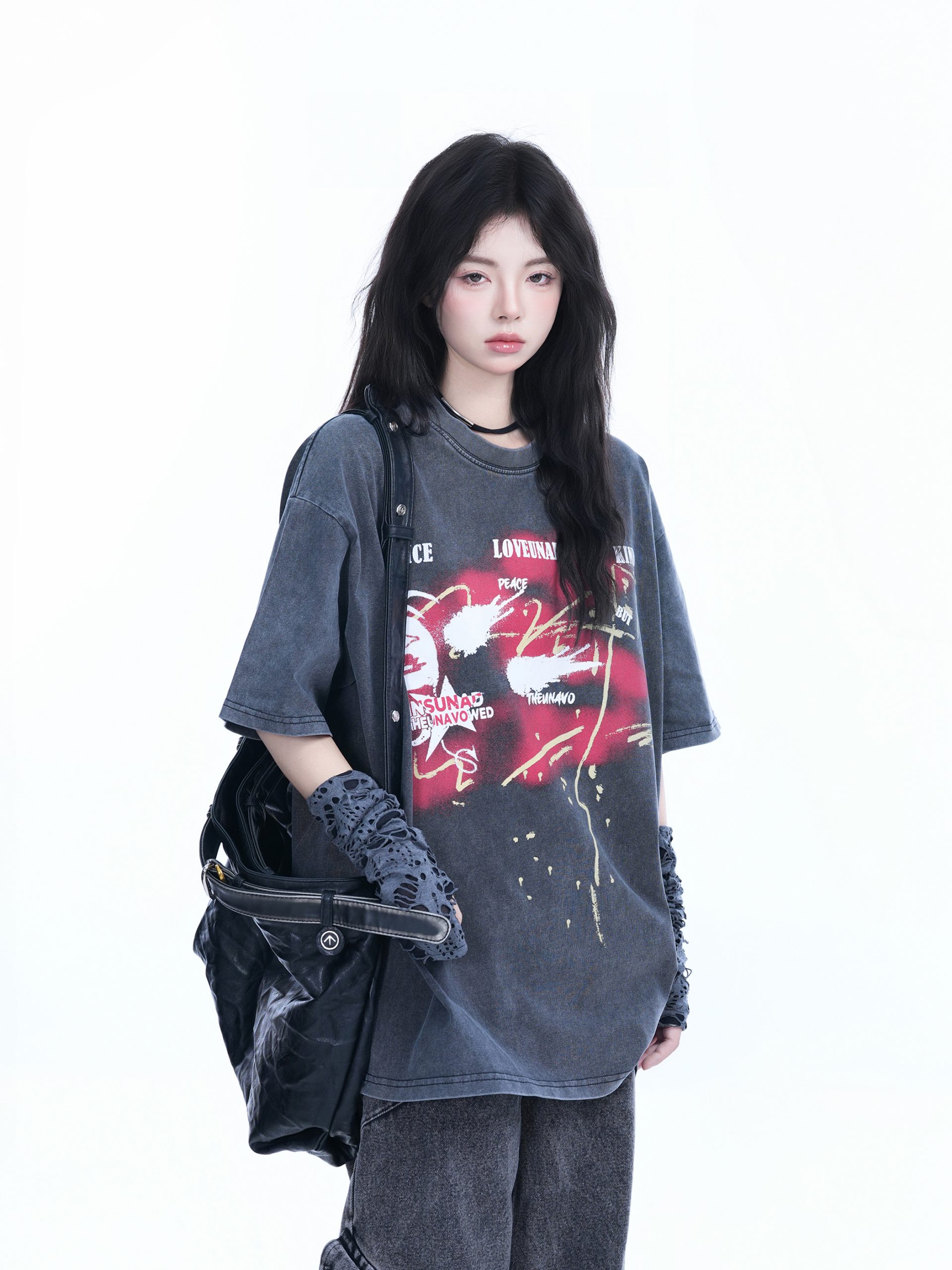 Vintage American-Style Oversized Short-Sleeve T-Shirt for Women - "Sit and Eat Until the Mountains Are Empty" - Trendy Loose Fit Vintage American-Style Oversized Short-Sleeve T-Shirt for Women - "Sit and Eat Until the Mountains Are Empty" - Trendy Loose Fit