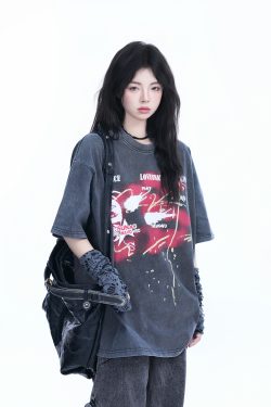 Vintage American-Style Oversized Short-Sleeve T-Shirt for Women - "Sit and Eat Until the Mountains Are Empty" - Trendy Loose Fit