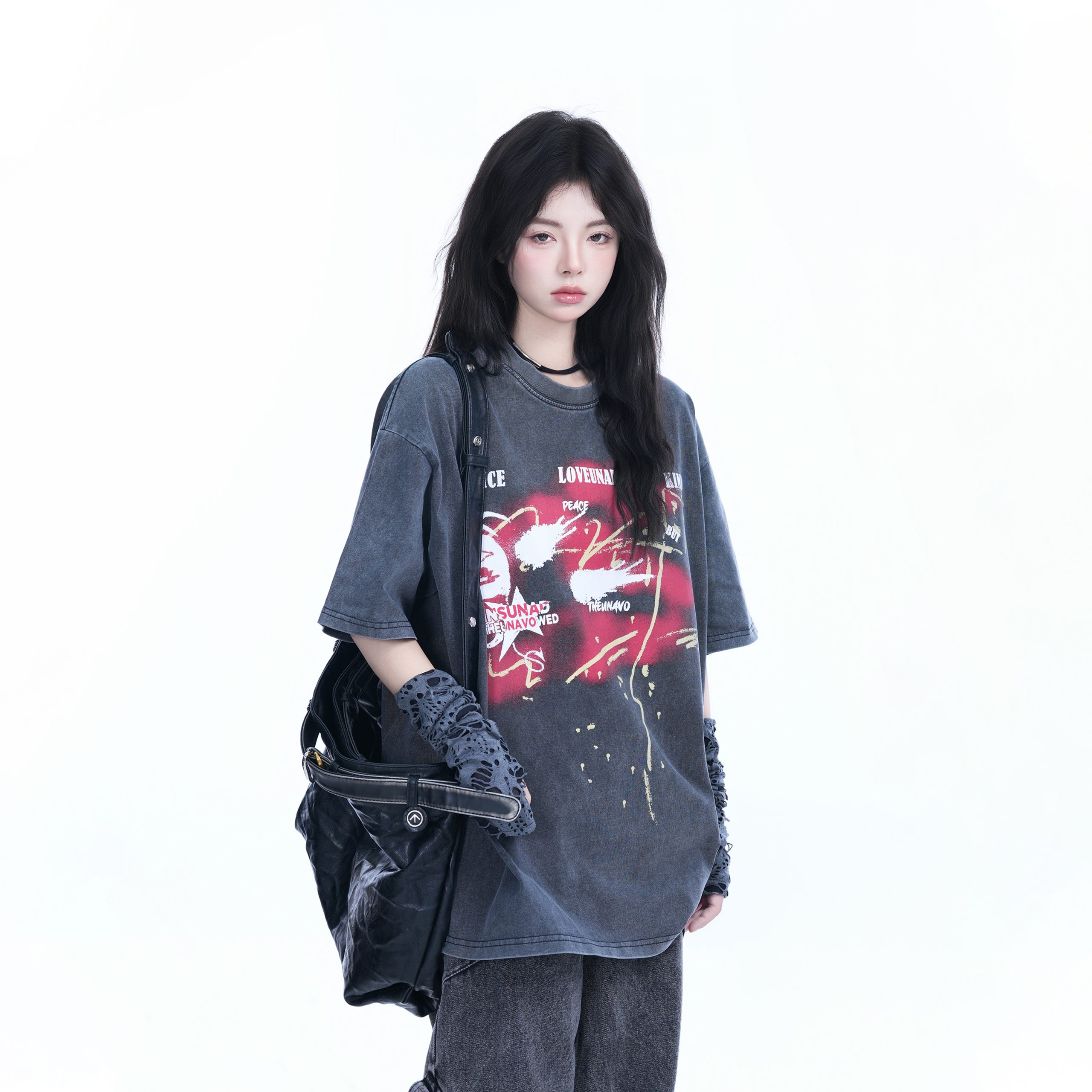 Vintage American-Style Oversized Short-Sleeve T-Shirt for Women - "Sit and Eat Until the Mountains Are Empty" - Trendy Loose Fit Vintage American-Style Oversized Short-Sleeve T-Shirt for Women - "Sit and Eat Until the Mountains Are Empty" - Trendy Loose Fit