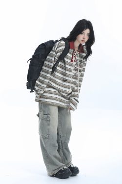 Vintage American Style Striped Oversized Long Sleeve Polo Shirt for Women - Casual Y2K Fashion Essential