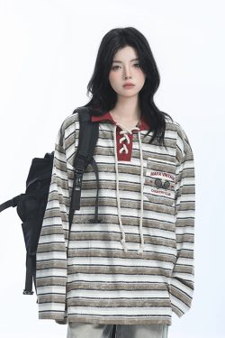 Vintage American Style Striped Oversized Long Sleeve Polo Shirt for Women - Casual Y2K Fashion Essential