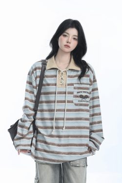 Vintage American Style Striped Oversized Long Sleeve Polo Shirt for Women - Casual Y2K Fashion Essential