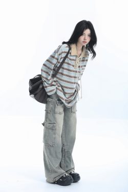 Vintage American Style Striped Oversized Long Sleeve Polo Shirt for Women - Casual Y2K Fashion Essential