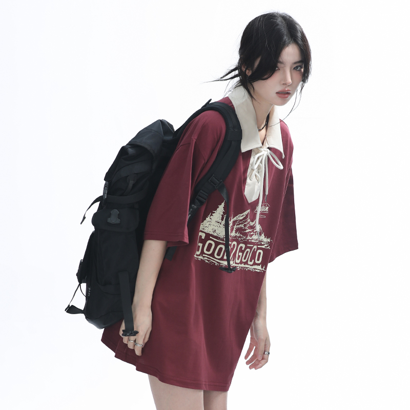 Vintage American-Style Wine Red Lace-Up Short Sleeve Polo Shirt for Women, Loose Fit Summer Top, Casual Y2K Fashion Vintage American-Style Wine Red Lace-Up Short Sleeve Polo Shirt for Women, Loose Fit Summer Top, Casual Y2K Fashion