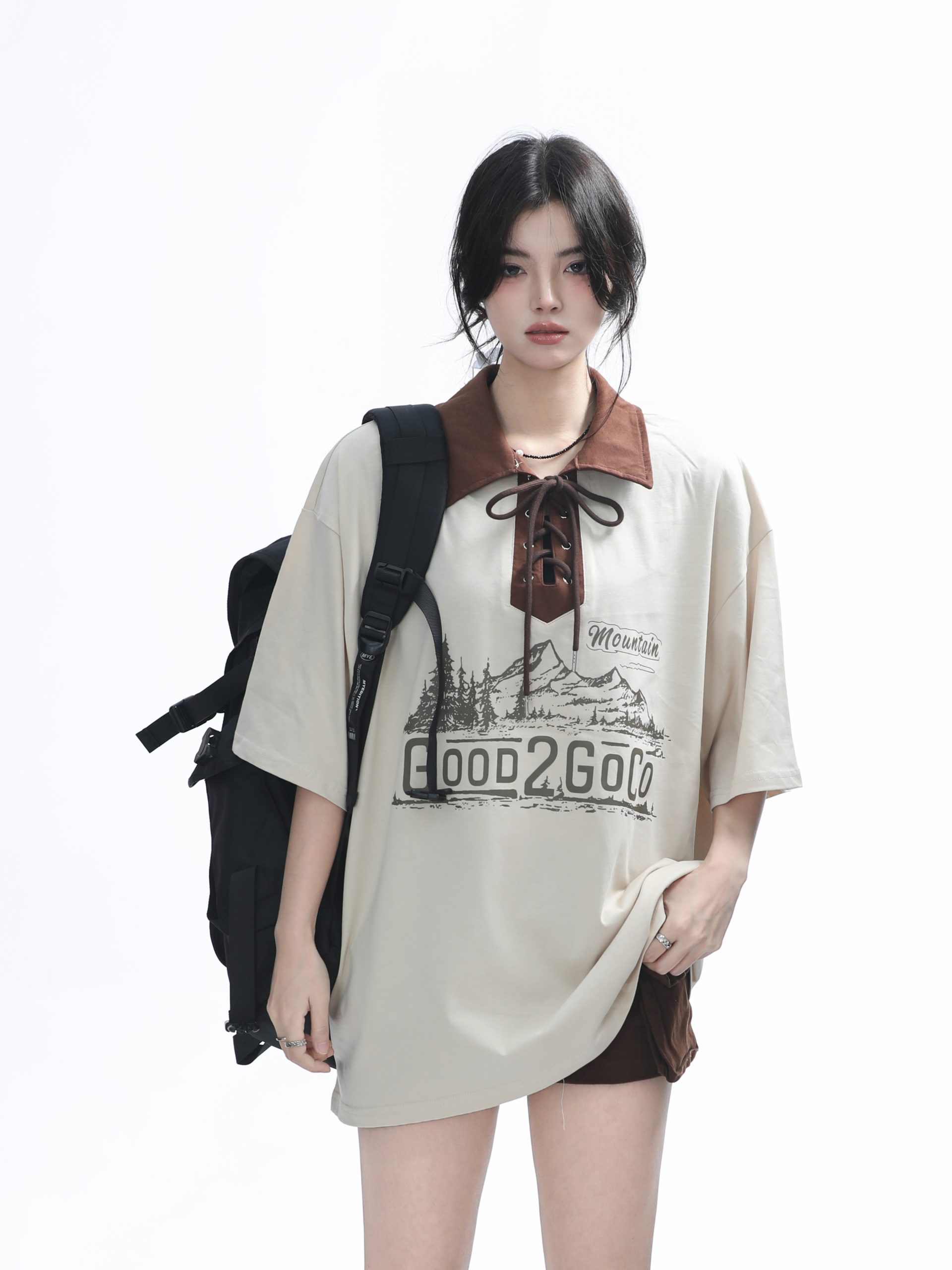 Vintage American-Style Wine Red Lace-Up Short Sleeve Polo Shirt for Women, Loose Fit Summer Top, Casual Y2K Fashion Vintage American-Style Wine Red Lace-Up Short Sleeve Polo Shirt for Women, Loose Fit Summer Top, Casual Y2K Fashion