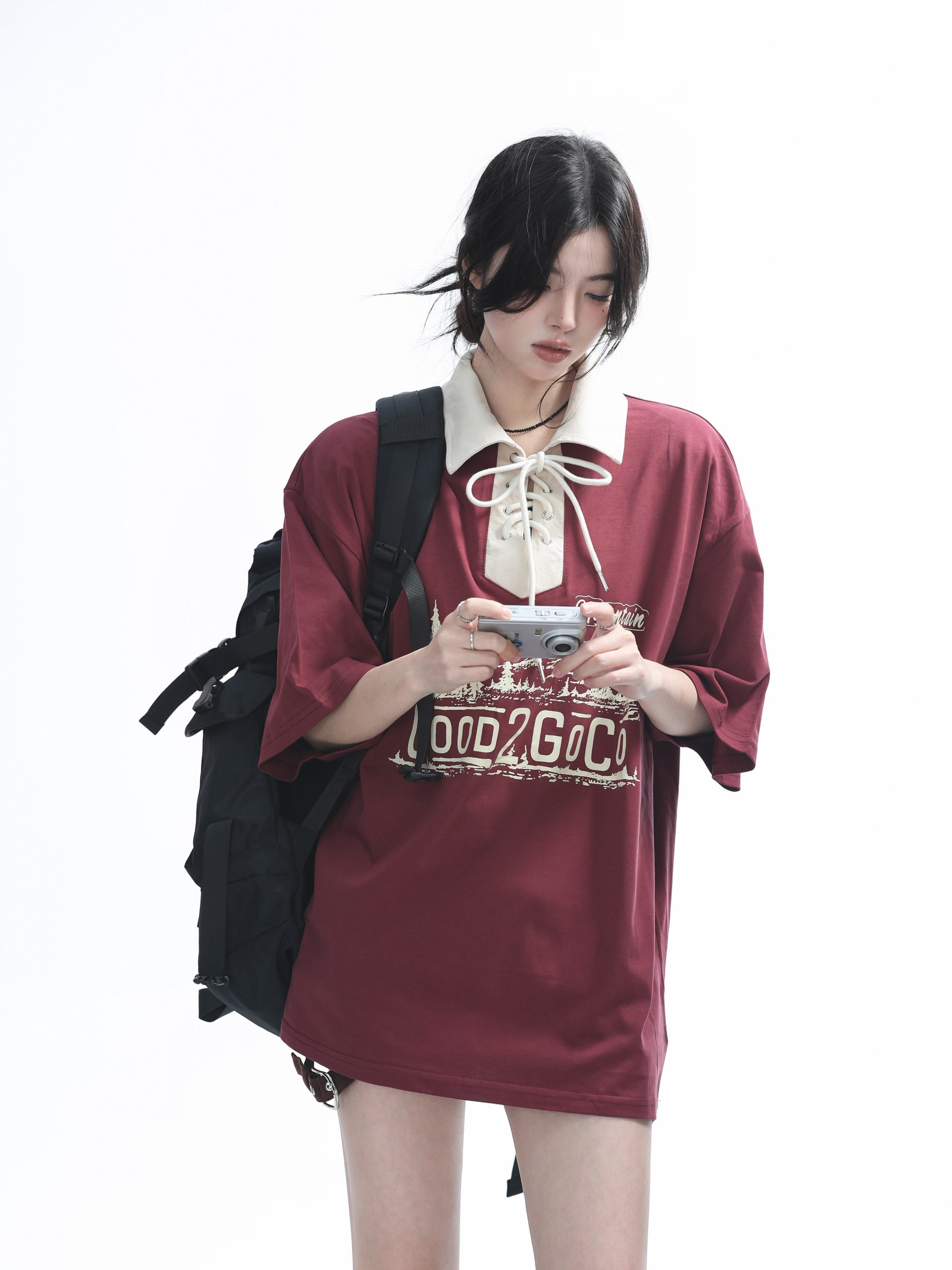 Vintage American-Style Wine Red Lace-Up Short Sleeve Polo Shirt for Women, Loose Fit Summer Top, Casual Y2K Fashion Vintage American-Style Wine Red Lace-Up Short Sleeve Polo Shirt for Women, Loose Fit Summer Top, Casual Y2K Fashion