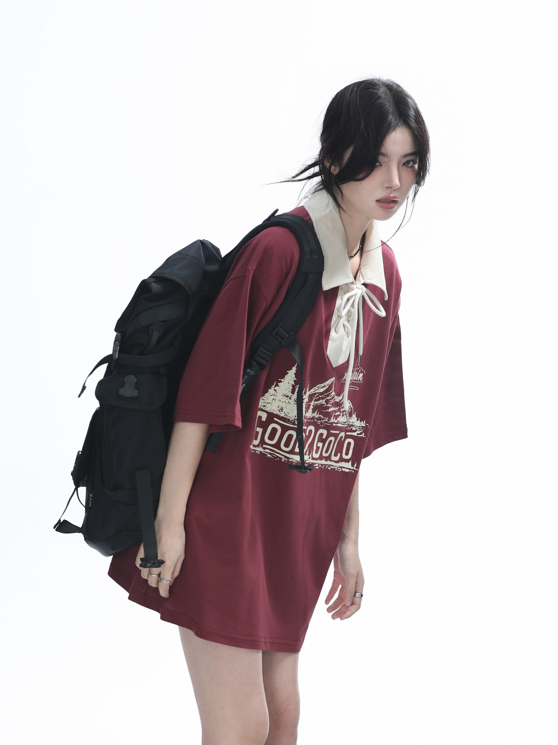 Vintage American-Style Wine Red Lace-Up Short Sleeve Polo Shirt for Women, Loose Fit Summer Top, Casual Y2K Fashion Vintage American-Style Wine Red Lace-Up Short Sleeve Polo Shirt for Women, Loose Fit Summer Top, Casual Y2K Fashion