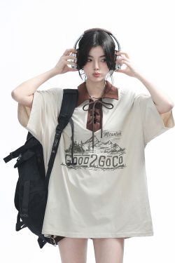 Vintage American-Style Wine Red Lace-Up Short Sleeve Polo Shirt for Women, Loose Fit Summer Top, Casual Y2K Fashion