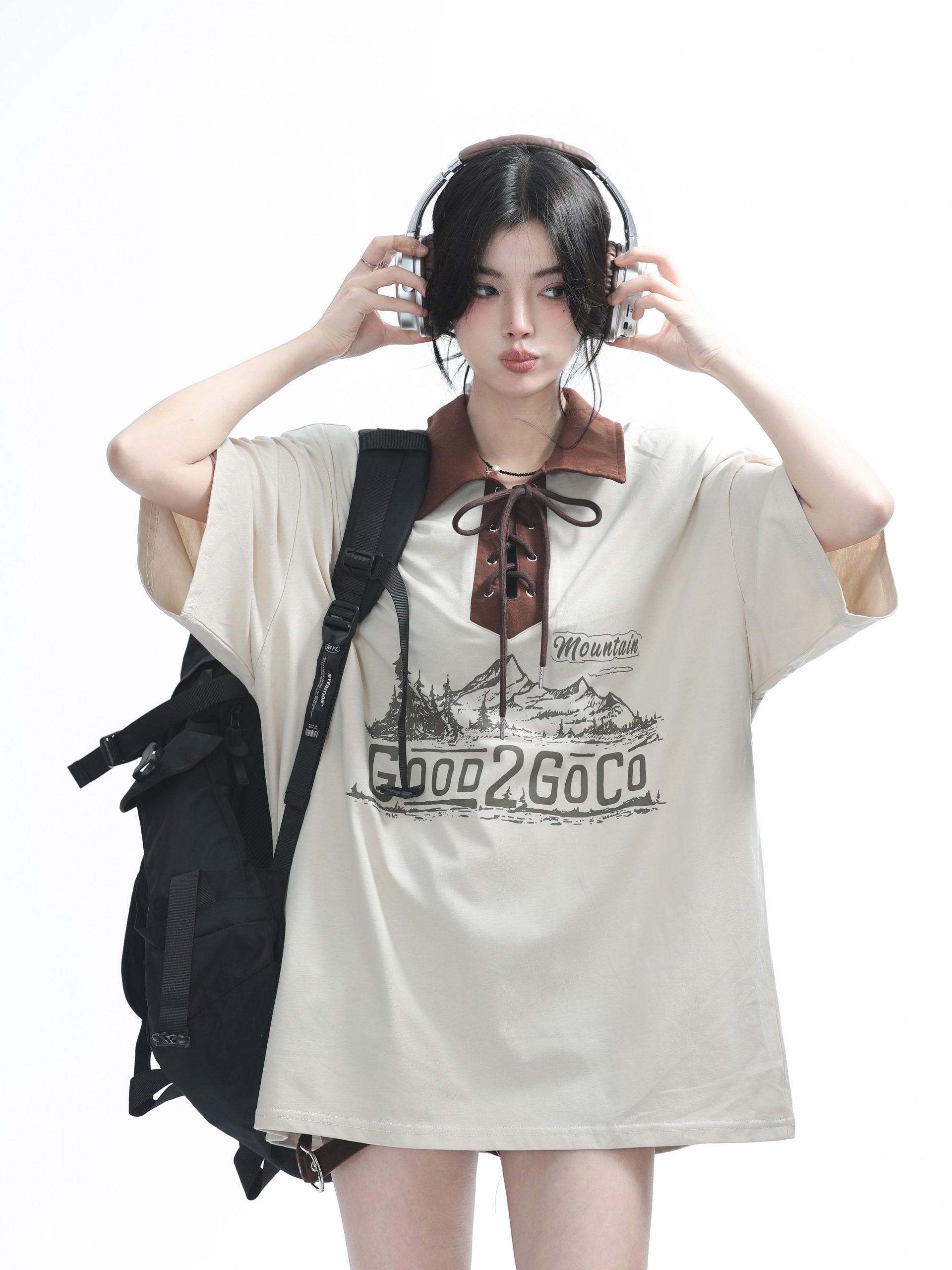 Vintage American-Style Wine Red Lace-Up Short Sleeve Polo Shirt for Women, Loose Fit Summer Top, Casual Y2K Fashion Vintage American-Style Wine Red Lace-Up Short Sleeve Polo Shirt for Women, Loose Fit Summer Top, Casual Y2K Fashion