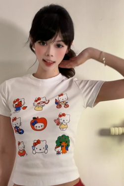 Vintage American Summer Kitty Cat Print Short-Sleeve Women's Fitted Top – Cute Round Neck Tee for a Sweet, Cool Look