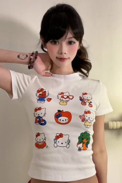 Vintage American Summer Kitty Cat Print Short-Sleeve Women's Fitted Top – Cute Round Neck Tee for a Sweet, Cool Look