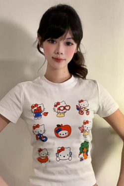 Vintage American Summer Kitty Cat Print Short-Sleeve Women's Fitted Top – Cute Round Neck Tee for a Sweet, Cool Look