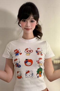 Vintage American Summer Kitty Cat Print Short-Sleeve Women's Fitted Top – Cute Round Neck Tee for a Sweet, Cool Look