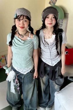 Vintage American Swing Collar T-Shirt for Women, Summer Lace Splicing, Slim Fit, Short Sleeve, Irregular Cropped Top, Y2K Style