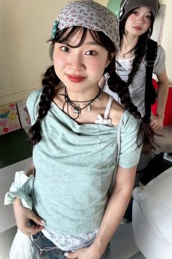 Vintage American Swing Collar T-Shirt for Women, Summer Lace Splicing, Slim Fit, Short Sleeve, Irregular Cropped Top, Y2K Style