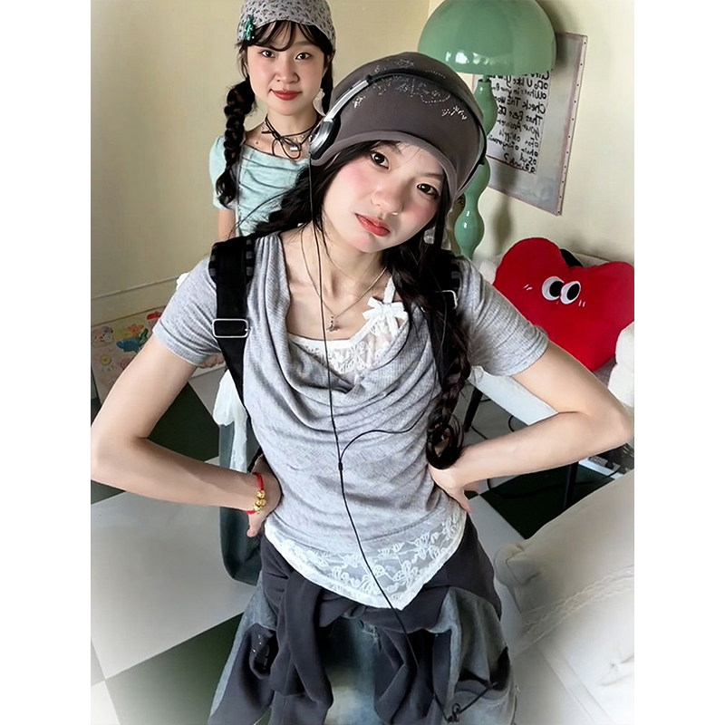 Vintage American Swing Collar T-Shirt for Women, Summer Lace Splicing, Slim Fit, Short Sleeve, Irregular Cropped Top, Y2K Style Vintage American Swing Collar T-Shirt for Women, Summer Lace Splicing, Slim Fit, Short Sleeve, Irregular Cropped Top, Y2K Style