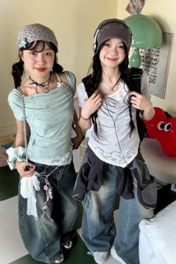 Vintage American Swing Collar T-Shirt for Women, Summer Lace Splicing, Slim Fit, Short Sleeve, Irregular Cropped Top, Y2K Style