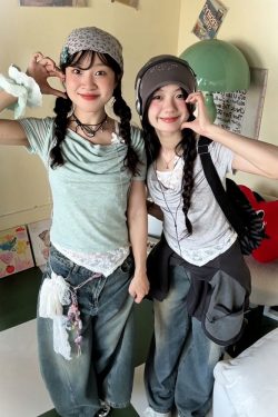 Vintage American Swing Collar T-Shirt for Women, Summer Lace Splicing, Slim Fit, Short Sleeve, Irregular Cropped Top, Y2K Style