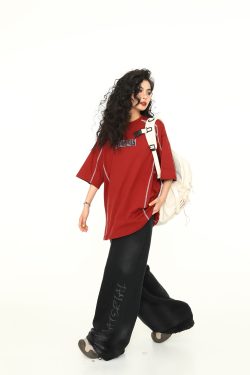 Vintage American Unisex Short Sleeve T-Shirt in Red - Trendy Loose Fit Couple Tee for Y2K Style Lovers