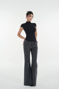 Vintage Ash Gray Low-Rise Flared Jeans - Washed 90s Style Denim for a Retro Look