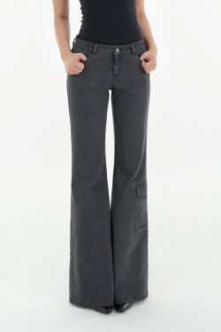 Vintage Ash Gray Low-Rise Flared Jeans - Washed 90s Style Denim for a Retro Look