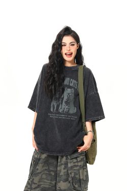 Vintage Black Cat Printed Short Sleeve T-Shirt for Women - Loose Wash-Distressed Summer Tee, Trendy 90s Couple Style