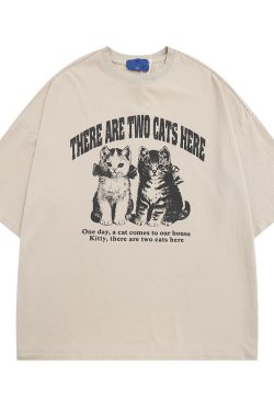 Vintage Black Cat Printed Short Sleeve T-Shirt for Women - Loose Wash-Distressed Summer Tee, Trendy 90s Couple Style