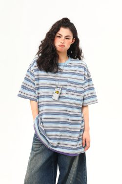 Vintage Blue Striped Short Sleeve T-Shirt for Women - Loose Fit Summer Top - High-End American Style Fashion