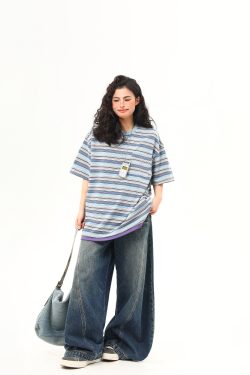 Vintage Blue Striped Short Sleeve T-Shirt for Women - Loose Fit Summer Top - High-End American Style Fashion