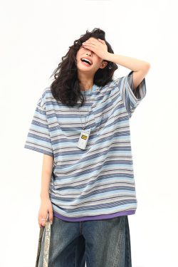 Vintage Blue Striped Short Sleeve T-Shirt for Women - Loose Fit Summer Top - High-End American Style Fashion