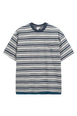 Vintage Blue Striped Short Sleeve T-Shirt for Women - Loose Fit Summer Top - High-End American Style Fashion