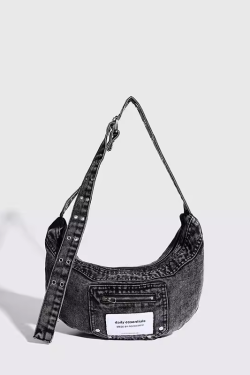 Vintage Blue Washed Denim Cowboy Half-Moon Dumpling Bag - Versatile Shoulder Crossbody Underarm Bag for Cool Y2K Style