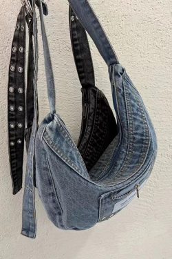 Vintage Blue Washed Denim Cowboy Half-Moon Dumpling Bag - Versatile Shoulder Crossbody Underarm Bag for Cool Y2K Style