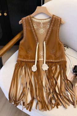 Vintage Bohemian Floral Embroidery Long Tassel Vest Cardigan Outerwear for Travel, Ethnic Style, Perfect for 90s and Y2K Fashion