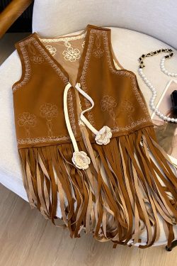 Vintage Bohemian Floral Embroidery Long Tassel Vest Cardigan Outerwear for Travel, Ethnic Style, Perfect for 90s and Y2K Fashion