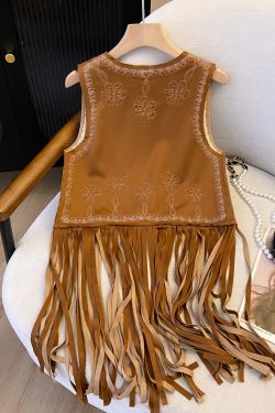 Vintage Bohemian Floral Embroidery Long Tassel Vest Cardigan Outerwear for Travel, Ethnic Style, Perfect for 90s and Y2K Fashion