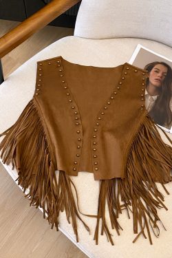 Vintage Bohemian Suede Fringe Vest for Women - Studded Short Crop Top, Prairie Style, Boho Chic Fashion