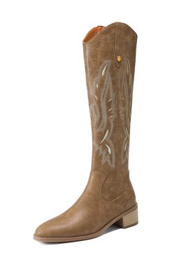 Vintage Brown Embroidered Western Cowboy Boots for Women - Pointed Toe Long Tube Design, Chunky Heel Summer Riding Boots