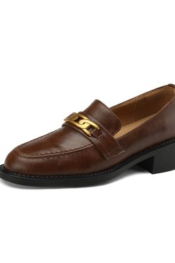 Vintage Brown Metal Buckle Loafers for Women - Versatile Leather Shoes, 2025 Trend, Y2K Inspired Fashion