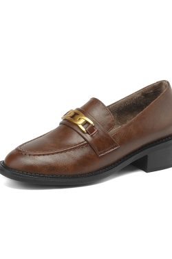 Vintage Brown Metal Buckle Loafers for Women - Versatile Leather Shoes, 2025 Trend, Y2K Inspired Fashion