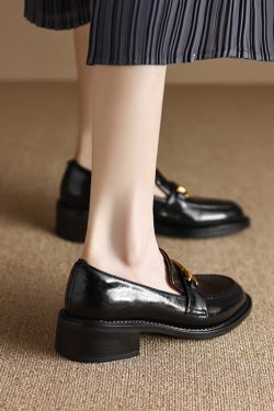 Vintage Brown Metal Buckle Loafers for Women - Versatile Leather Shoes, 2025 Trend, Y2K Inspired Fashion