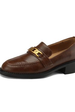 Vintage Brown Metal Buckle Loafers for Women - Versatile Leather Shoes, 2025 Trend, Y2K Inspired Fashion